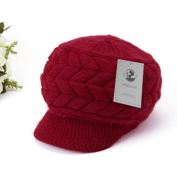 〽️Women’s Wine Winter Warm Knit Wool Snow Ski Hat with Visor main image 9